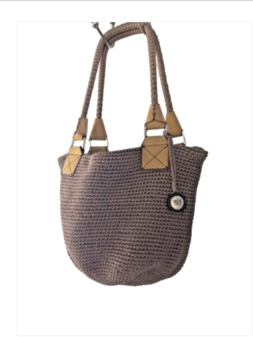 The Sak Crochet Shoulder Bag Beige Tan Leather Trim Zip Boho Purse Charm